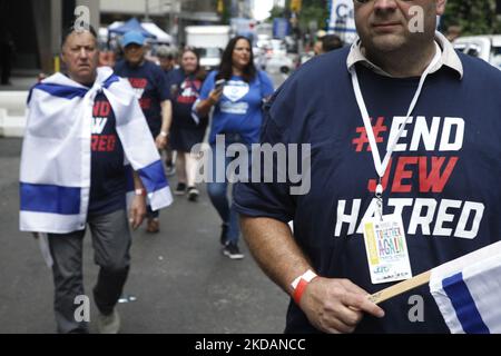 I dimostranti mostrano banner e logo "End Jew Hodio" durante la sfilata israeliana del 22 maggio 2022 a New York City, USA. Fine dell'odio ebreo è una rete di movimenti globali non partigiani per i diritti civili, composta da attivisti e sostenitori della base di molti settori della vita, tutti dedicati a promuovere la giustizia e un mondo senza odio nei confronti del popolo ebreo. (Foto di John Lamparski/NurPhoto) Foto Stock