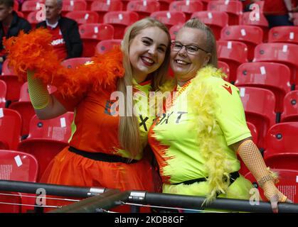 Nottingham Forest Fansduring Championship Play -Off finale tra Huddersfield Town e Nottingham Forest a Wembley Stadium , Londra, Regno Unito 29th maggio , 2022 (Photo by Action Foto Sport/NurPhoto) Foto Stock