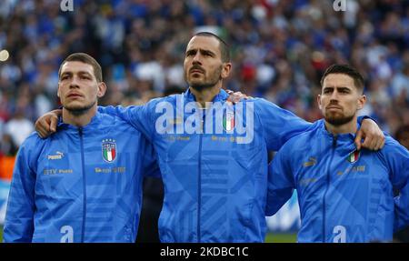 LONDRA, INGHILTERRA - 01 GIUGNO: L-R Andrea Belotti d'Italia, Leonardo Bonucci d'Italia e Jorginho d'Italia durante Finalissima Conmedol - Coppa UEFA di campioni tra Italia e Argentina allo Stadio di Wembley , Londra, Regno Unito 01st giugno, 2022 (Foto di Action Foto Sport/NurPhoto) Foto Stock