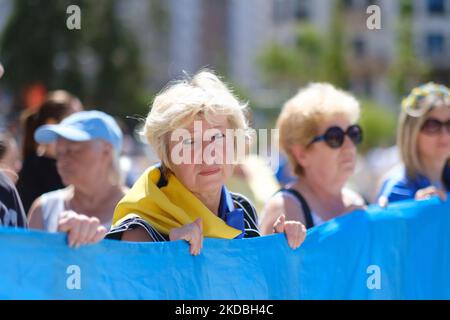 Il protester tiene un cartello che esprime la sua opinione durante la manifestazione. Migliaia di manifestanti pro-ucraini dimostrano contro l'invasione russa dell'Ucraina mentre marciano da piazza España a piazza Callao di Madrid. 5 giugno 2022 Spagna (Foto di Oscar Gonzalez/NurPhoto) Foto Stock