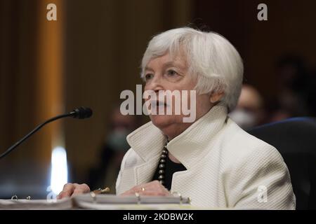 Il Segretario DEL Dipartimento del Tesoro DEGLI STATI UNITI Janet Yellen parla dinanzi al Comitato finanziario del Senato circa di esaminare i Presidenti proposta di richiesta di bilancio per l'anno fiscale 2023 durante un'audizione, oggi il 07 giugno 2022 al Senato Dirksen/Capitol Hill a Washington DC, USA. (Foto di Lenin Nolly/NurPhoto) Foto Stock