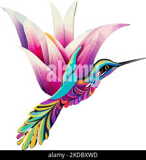 Un'illustrazione digitale di un colibrì colorato astratto con ali di petalo di fiori Illustrazione Vettoriale