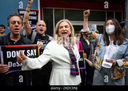 I manifestanti protestano contro i moli di Chelsea a New York per aver ospitato il governatore della Florida Ron DeSantis il 12 giugno 2022, la cui legislazione ha portato a molestie e minacce di violenza nei confronti della comunità LGBTQIA. (Foto di Karla Ann Cote/NurPhoto) Foto Stock