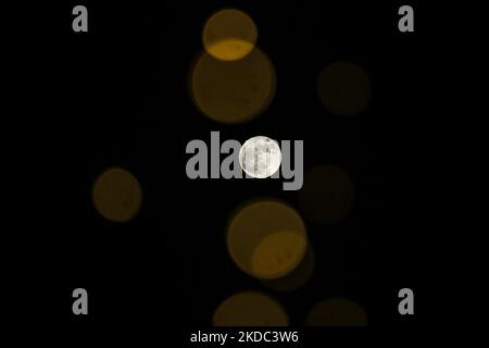 La luna piena di fragola sorge sopra la città di Gaza, martedì 14 giugno 2022. (Foto di Sameh Rahmi/NurPhoto) Foto Stock