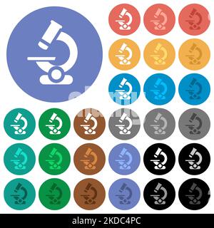 Icone piatte multicolore per microscopio su sfondi rotondi. Incluse variazioni delle icone bianche, chiare e scure per gli effetti di stato attivo e del passaggio del mouse e del bonu Illustrazione Vettoriale