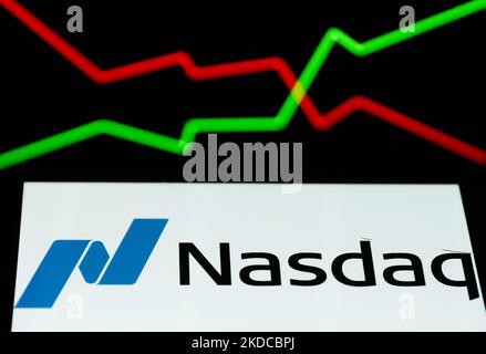 Il logo NASDAQ visualizzato sullo schermo di un telefono e un grafico illustrativo visualizzato sullo sfondo sono visti in questa foto di illustrazione scattata a Cracovia, Polonia il 19 giugno 2022. (Foto di Jakub Porzycki/NurPhoto) Foto Stock