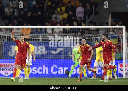 Stefan Mugosa festeggia in azione durante la partita UEFA Nations League -League B Group 3 tra Romania e Montenegro allo Stadio Rapid Giulesti il 14 giugno 2022 a Bucarest, Romania. (Foto di Alex Nicodim/NurPhoto) Foto Stock