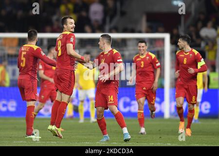 Stefan Mugosa festeggia in azione durante la partita UEFA Nations League -League B Group 3 tra Romania e Montenegro allo Stadio Rapid Giulesti il 14 giugno 2022 a Bucarest, Romania. (Foto di Alex Nicodim/NurPhoto) Foto Stock