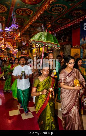 I devoti indù del Tamil trasportano gli articoli verdi per vestire l'idolo del Signore Vinayagar (Signore Ganesh) in verde prima che l'idolo sia rinviato dal carro indietro verso il tempiale durante il festival Ther Thiruvizha del Vinayagar ad un tempiale indù del Tamil in Ontario, Canada il 23 luglio 2016. L'idolo è ornato di verde e spruzzato di acqua fredda che si dice calmare la divinità da tutte le emozioni vissute mentre si completa il tour esterno del tempio. Questo festival fa parte del festival di 15 giorni che onora Lord Murugan che culmina con una stravagante processione di carri. (Foto di Creative Foto Stock