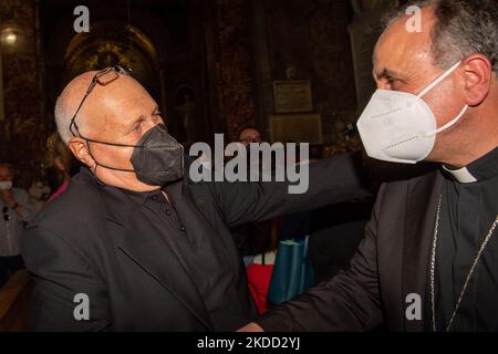 Il Vescovo Domenico Pompili è commosso durante l'addio. Pompili dimora più volte nel terremoto di Amatrici, il Vescovo era infatti molto attivo nelle zone del terremoto del 2016. A Rieti, Italia, il 2 luglio 2022. (Foto di Riccardo Fabi/NurPhoto) Foto Stock