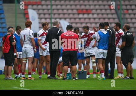 Georgia National Team durante la pausa della Francia Men's 7s vs Georgia Men's 7s, un Pool Una partita di qualifica della seconda tappa della Rugby Europe Sevens Championship Series 2022 a Cracovia. Sabato 02 luglio 2022, allo stadio municipale di Henryk Reyman, Cracovia, Malopolskie Voivodato, Polonia. (Foto di Artur Widak/NurPhoto) Foto Stock