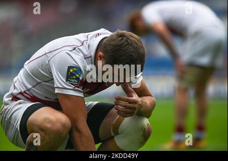 Stanchi giocatori georgiani alla fine della Francia 7s uomini contro Georgia 7s uomini, un Pool Una partita di qualifica della seconda tappa della Rugby Europe Sevens Championship Series 2022 a Cracovia. Sabato 02 luglio 2022, allo stadio municipale di Henryk Reyman, Cracovia, Malopolskie Voivodato, Polonia. (Foto di Artur Widak/NurPhoto) Foto Stock