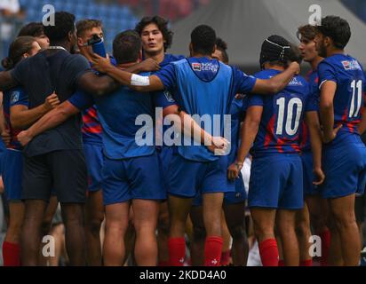 Giocatori francesi alla fine della Francia 7s uomini contro Georgia 7s uomini, un Pool Una partita di qualifica della seconda tappa della Rugby Europe Sevens Championship Series 2022 a Cracovia. Sabato 02 luglio 2022, allo stadio municipale di Henryk Reyman, Cracovia, Malopolskie Voivodato, Polonia. (Foto di Artur Widak/NurPhoto) Foto Stock