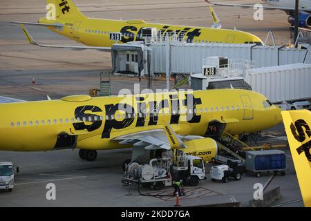 Gli aerei Spirit Airlines possono essere visti all'aeroporto intercontinentale George Bush di Houston, Texas, il 5th luglio 2022. (Foto di Reginald Mathalone/NurPhoto) Foto Stock