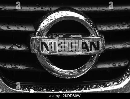 Logo Nissan visto sul veicolo Nissan parcheggiato nel centro di Cracovia. Martedì 05 luglio 2022 a Cracovia, Polonia. (Foto di Artur Widak/NurPhoto) Foto Stock