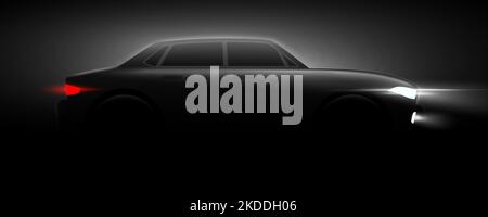 Silhouette nera per auto berlina con fari e luci posteriori su sfondo scuro. Illustrazione vettoriale poster per auto. Banner orizzontale in bianco e nero di stile premium. Illustrazione Vettoriale