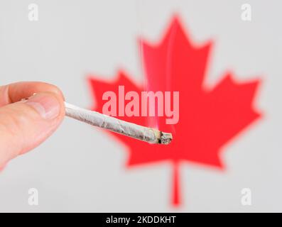 Mano che tiene una sigaretta di marijuana davanti ad una foglia di acero rosso. Il giunto è illuminato, e il fumo sale da esso. C'è spazio per il testo nella parte superiore. Foto Stock