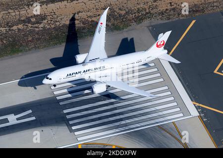 Japan Airlines Boeing 787 l'aereo Dreamliner atterra sulla pista dell'aeroporto. Aeromobile 787-8 di JAL Airlines. Piano JA837J visto dall'alto. Foto Stock