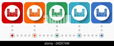 Musica, icone vettoriali per apparecchiature stereo, modello infografico, set di simboli di design piatto in 5 opzioni di colore Illustrazione Vettoriale