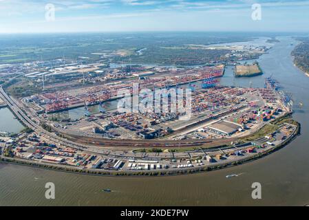 Veduta aerea del Terminal Container di Amburgo, Eurogate Container Terminal Hamburg GmbH, HHLA Container Terminal Burchardkai GmbH, Burchardkai, Container Foto Stock