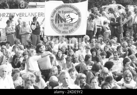 Il giorno 1982 dell'Anti-War Day, i partecipanti al rally dei Fiori per Stukenbrock hanno commemorato le vittime del dominio nazista e allo stesso tempo hanno dimostrato Foto Stock