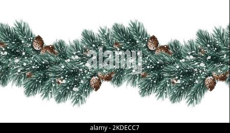 Bordo con rami di abete verde, motivo senza cuciture invernale, elemento decorativo natalizio. Foto Stock