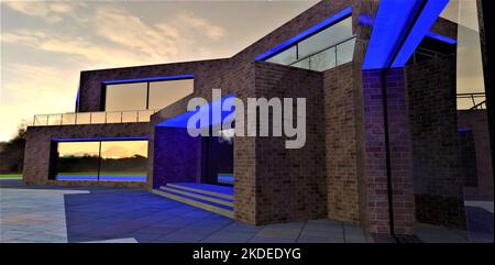Striscia LED blu come una illuminazione notturna di casa privata di mattoni paese rende la facciata bella e attraente escapialy nel buio, 3D renderi Foto Stock