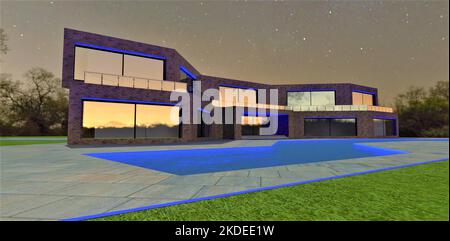 Illuminazione blu della proprietà futuristica con la piscina e prato verde sotto la notte stellata. Muri rifiniti con mattoni rossi vecchi. rendering 3d. Foto Stock