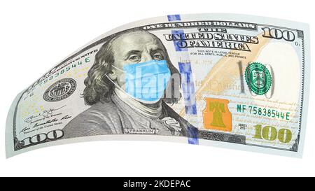 Fattura di 100 dollari con maschera facciale, concetto di coronavirus COVID-19 Foto Stock
