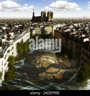 Francia, Parigi il 2022-11-05. Illustrazione digitale della città di Parigi allagata dall'aumento dei livelli dell'acqua a causa del riscaldamento globale. Immagine creata utilizzando un ar Foto Stock