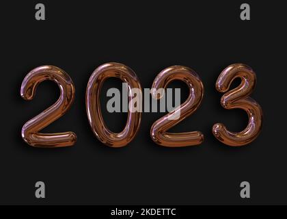 2023 3D palloncini in lamina d'oro realistici su sfondo nero. Buon Natale e Felice Capodanno 2023. rendering 3d Foto Stock