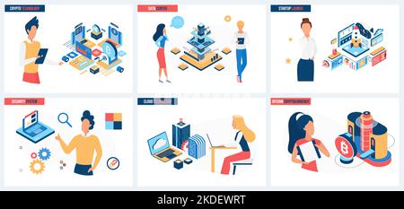 La criptovaluta, la tecnologia di avvio aziendale, imposta l'illustrazione vettoriale. Cartoon Tiny People lancia un razzo di gettoni digitali dalla stazione di lavoro, lavora con la sicurezza del sistema crittografico, il moderno data center Illustrazione Vettoriale