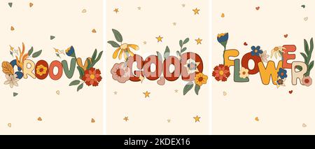 Composizione positiva 70s con lettere colorate retrò, Groovy, Good, Flower. Simboli hippie psichedelici perfetti per carte, poster, cartoline, banner. Vettore. Illustrazione Vettoriale