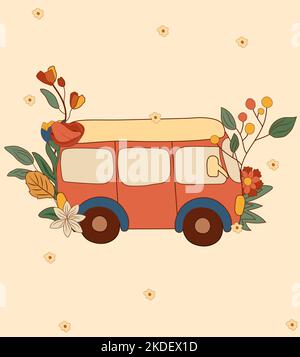 Composizione positiva 70s con autobus retrò, fiori colorati e foglie. Simboli hippie positivi. Perfetto per biglietti d'auguri, poster, cartoline, striscioni. Vettore. Illustrazione Vettoriale