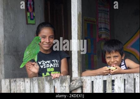 La gente di Siona con pappagallo, residenti locali della foresta amazzonica ecuadoriana fotografato alla riserva di Cuyabeno Ecuador Foto Stock