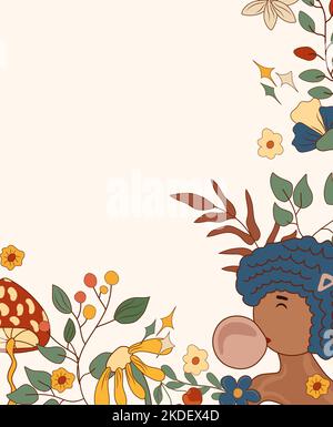 Composizione positiva 70s con corona colorata, ragazze retrò, funghi, foglie. Simboli hippie psichedelici. Poster vintage perfetto per biglietti d'auguri, poster, cartoline, banner. Vettore. Illustrazione Vettoriale