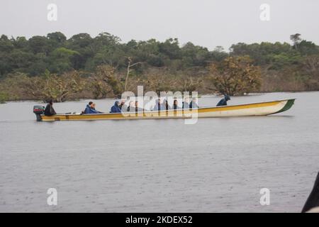 Trasporto fluviale nella foresta pluviale amazzonica ecuadoriana fotografato presso la riserva Cuyabeno Ecuador Foto Stock