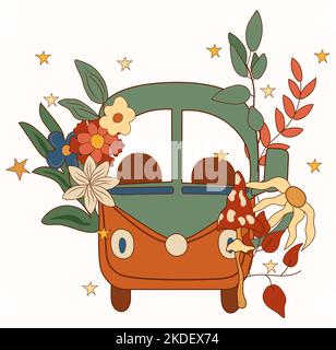 Composizione positiva 70s con retrò bus, fungo, fiori colorati e foglie. Simboli hippie positivi. Perfetto per biglietti d'auguri, poster, cartoline, striscioni. Vettore. Illustrazione Vettoriale