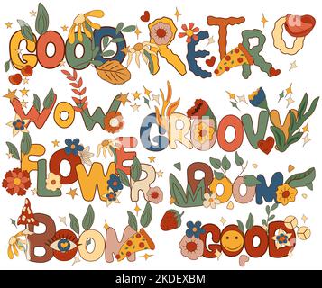 Composizione positiva 70s con scritte colorate retrò, Groovy, retro, Flower e altro. Simboli hippie psichedelici perfetti per carte, poster, cartoline, banner. Vettore. Illustrazione Vettoriale