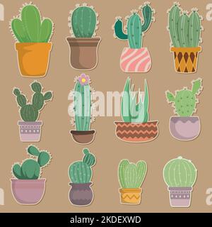 Set di Cactus disegnati a mano in pentole. Illustrazione Vettoriale