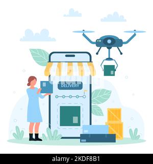 Consegna droni, illustrazione del vettore di servizio espresso. Cartoon piccola donna che utilizza l'app mobile nello smartphone per il tracciamento della scatola dei pacchi, rapido processo di spedizione degli ordini online dal negozio sullo schermo del telefono Illustrazione Vettoriale