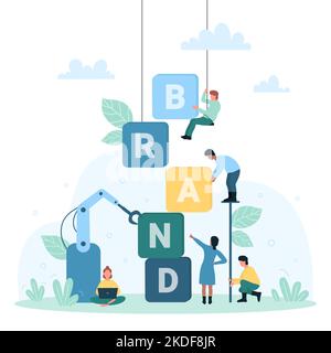Creazione di marchi, sviluppo e pubblicità vettoriale illustrazione. La gente minuscola del cartone animato fa la parola di marca dai cubi con le lettere, i caratteri sviluppano la strategia di vendita di successo e l'azienda insieme Illustrazione Vettoriale