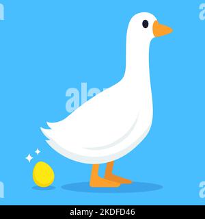 Cartone animato uovo d'oca che posa l'uovo d'oro. Idea di business e metafora della ricchezza. Illustrazione semplice del vettore piatto. Illustrazione Vettoriale