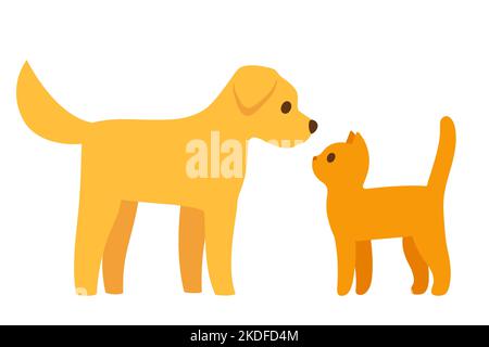 Cartone animato gatto e cane di fronte l'altro, semplice icona cartone animato piatto. labrador dorato e ginger kitty. Carino vettore clip art illustrazione. Illustrazione Vettoriale