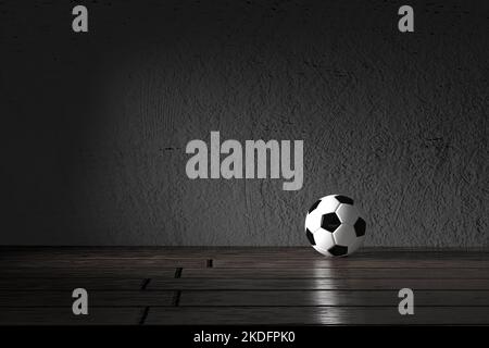 Pallone da calcio all'interno in una stanza scura vicino alla parete grigia in cemento. Vista dall'alto. Rendering 3D. Foto Stock