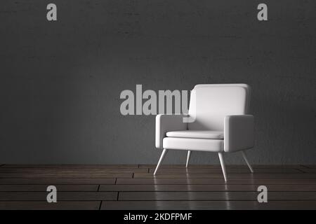 Moderna poltrona bianca in una camera interna scura. Rendering 3D. Foto Stock