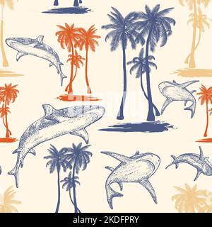 Isole di squali e palme in un modello senza cuciture. Disegnato a mano con penna e inchiostro pesce di mare subacqueo. Sfondo nautico. Elementi vettoriali. Illustrazione Vettoriale