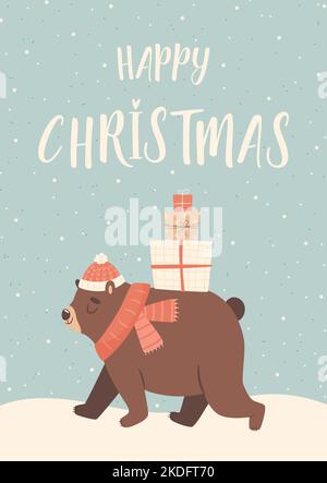 Felice biglietto di auguri di Natale con carino personaggio di orso cartoon e astratto sfondo invernale. Vettore Illustrazione Vettoriale