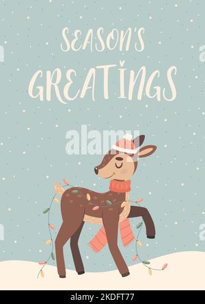 Felice biglietto di auguri di Natale con carino personaggio dei cervi cartoni animati e sfondo astratto inverno. Vettore Illustrazione Vettoriale