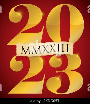 Numeri lucidi e dorati con la scritta a chiocciola e i numeri romani: MMXXIII su sfondo rosso. Illustrazione Vettoriale